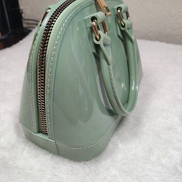 Glossy Green Double Handle Small Purse Gold Zipper - Patent Leather Finish Like - Picture 2 of 8